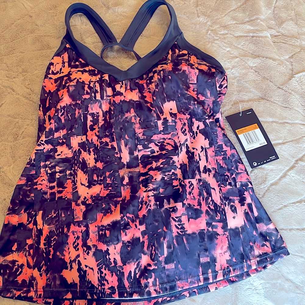 Nike V-Neck Cross Back Swim Tankini Top Blue Pint Print Small NEW